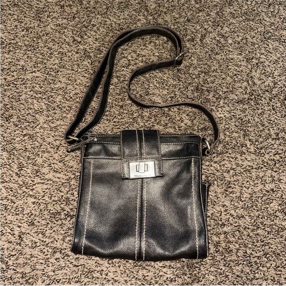 Tignanello Black Leather Crossbody Bag with Silver Accents